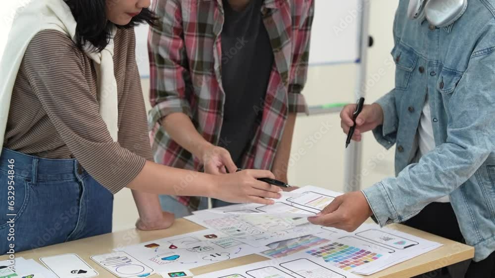Aufkleber young asian business creative developer team work design. creative ui ux designer meeting planning d