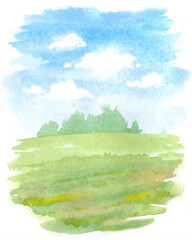 Simple watercolor landscape with blue sky with clouds and abstract green grass field, hand drawn illustration