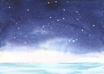 Watercolor starry night illustration, winter theme abstract background illustration with dark blue sky with stars and snow particles, hand drawn illustration