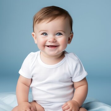 Portrait of a smiling baby girl sitting on the bed at home with teddy bear toy. created by generative AI technology.