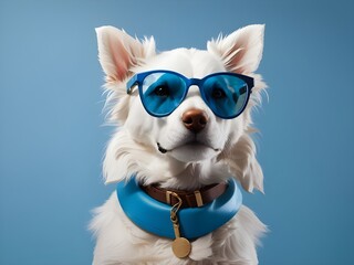 white dog wearing trendy glasses with blue background