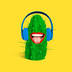 Contemporary art collage. Specific is not strange music taste. Green cactus as meloman head as big mouth with tongue, red lips and headphones. Modern artwork.