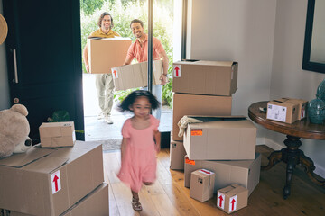 Happy, family run and box moving with child and gay parents in new home with cardboard package....