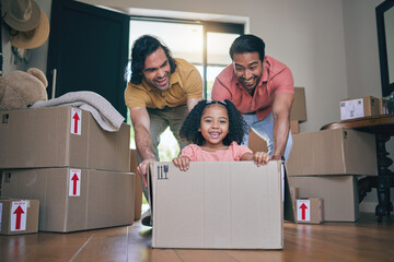 Happy, family fun and box moving with child and gay parents in new home with cardboard package. Dad smile, kid and lgbt people together with youth game and property love in a house helping father - obrazy, fototapety, plakaty