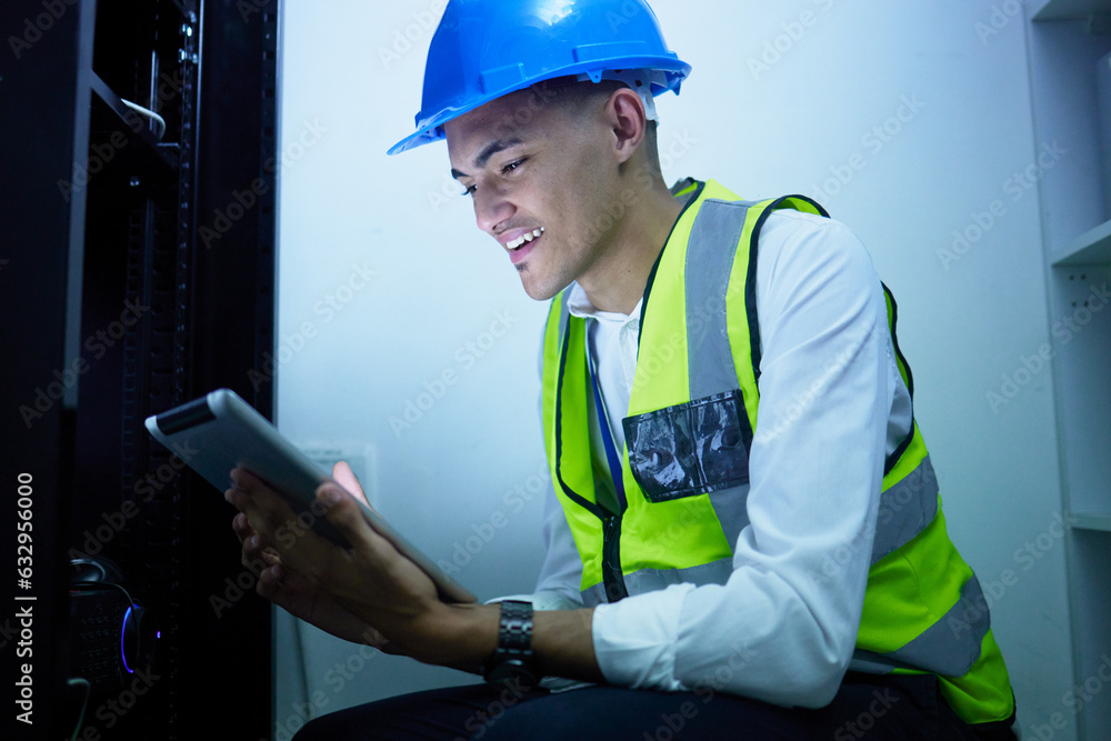Poster happy man, tablet or server room technician, engineer and smile for data center connectivity, databa