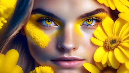 Closeup photo portrait of a beautiful teen glamourous girl model with yellow flowers, fantasy in style yellow backdrop Bright summer colors. yellow color contact lenses, For fashion industry use.