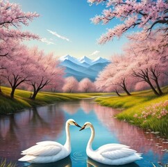 Two white swans on a pond, in love 2