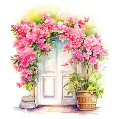 Fototapeta na wymiar Door surrounded by flowers and vase in front of it watercolor painting ilustration