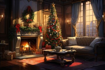Obraz premium Craft holiday magic Christmas tree, fireplace, presents and heartwarming scene