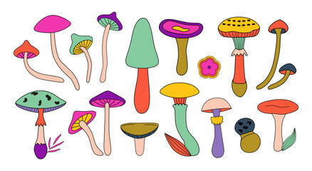 Retro groovy hippie mushrooms clipart. Psychedelic vintage fungus stickers. Good vibes. Fall, autumn. Great for icons, logos, emblems, collages. Isolated on white background.