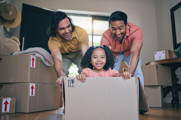 New home, girl and box with parents, push and gay dad with games, portrait and playing on floor...