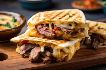 Savory mini quesadilla slider with tender steak, melted cheese, and grilled onions on a wooden board, accompanied by spicy salsa - a delicious Mexican cuisine close-up.