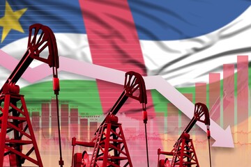 lowering down chart on Central African Republic flag background - industrial illustration of Central African Republic oil industry or market concept. 3D Illustration