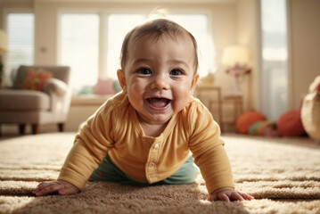 smiling baby crawling in bright living room