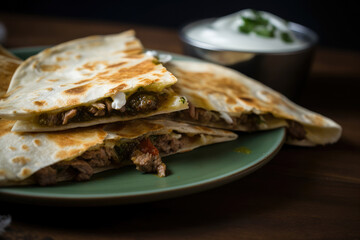 Spicy beef quesadilla with tangy sour cream and salsa verde, captured in a close-up macro shot, evoking the flavors of homemade Mexican cuisine on a rustic wooden background.