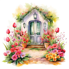 Tiny house surrounded by flowers vector watercolor painting ilustration.e