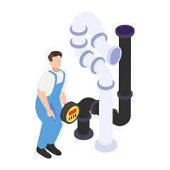 Industrial Pipe Repairing isometric Concept, Industry Worker Looking Gas Flow Gauge Vector Icon Design, Plumber equipment Symbol, Handyman Service Works Sign, Sanitary technician Stock illustration