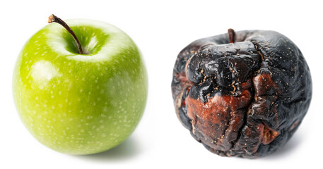 Close up of ripe green apple and rotten apple isolated on white background