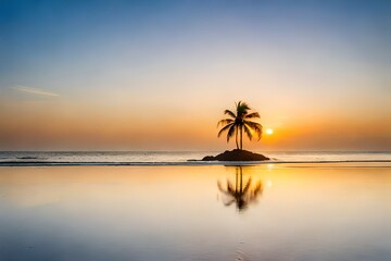 Fototapeta na wymiar sunset on the beach , palm trees in the center of beech 