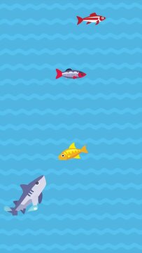 Marine life cartoon background loop. Fish, dolphin and shark swim and jump over sea water waves. Simple flat kids style animation. Social media vertical format.