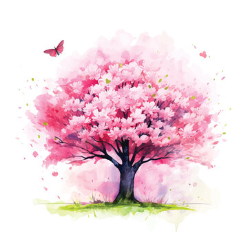Naklejka  Pink tree and butterfly watercolor paint