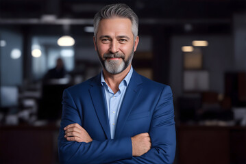Smiling Middle-Aged Businessman CEO: Portrait of a Proud and Confident Office-Standing Executive Manager, Lawyer, and Business Leader Wearing Blue Suit