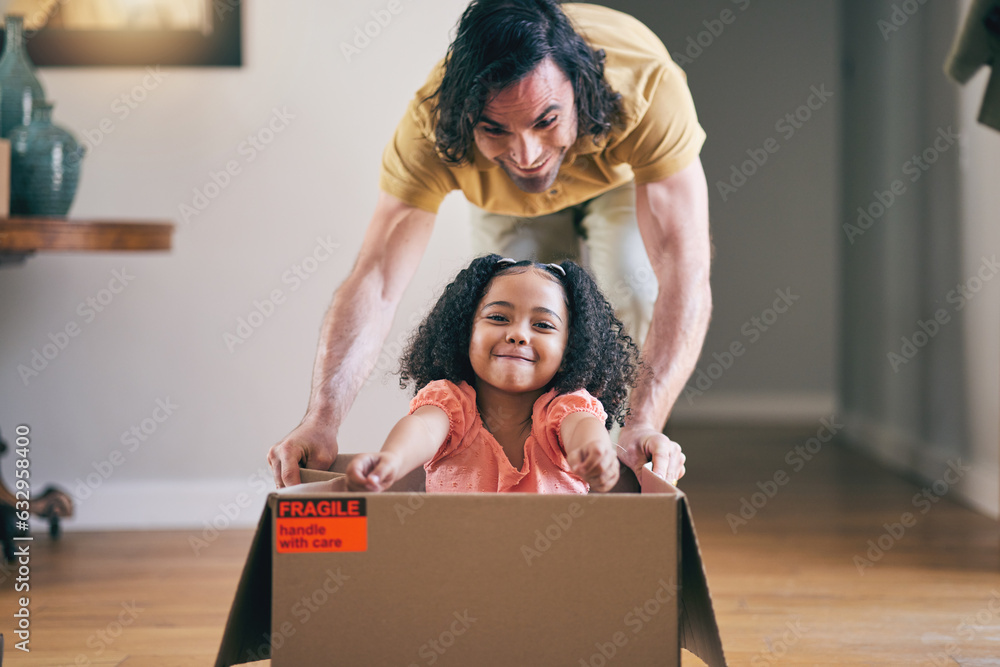 Poster Father, kid and box in new house for games, fun and energy for bonding in real estate apartment. Happy dad, girl child and interracial family play with cardboard boxes for race while moving to home