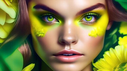 Closeup photo portrait of a beautiful teen glamourous girl model with green flowers, fantasy in style green backdrop Bright summer colors. green color contact lenses, For fashion industry use.