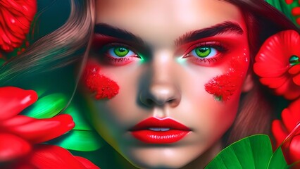 Closeup photo portrait of a beautiful teen glamourous girl model with red flowers, fantasy in style red backdrop Bright summer colors. red color contact lenses, For fashion industry use.
