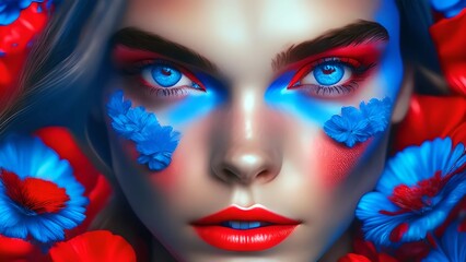 Closeup photo portrait of a beautiful teen glamourous girl model with blue flowers, fantasy in style blue backdrop Bright summer colors blue color contact lenses, For fashion industry use.