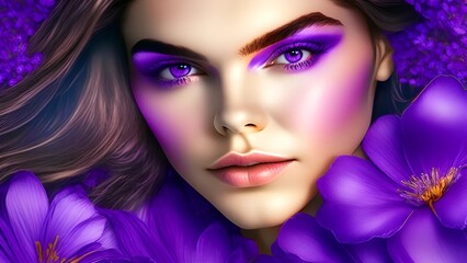 Closeup photo portrait of a beautiful teen glamourous girl model with indigo flowers, fantasy in style indigo backdrop Bright summer colors indigo color contact lenses, For fashion industry use.