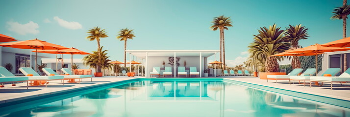 seating area adjacent to a pool, featuring lounge chairs, sun umbrellas, and a shaded cabana. Generative AI