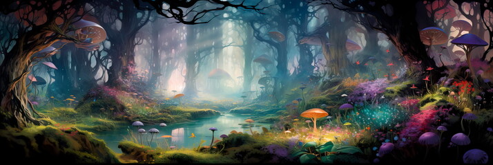 mystical forest, filled with colorful flora and fauna, inviting viewers into a magical world. Generative AI