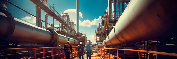 workers inspecting and maintaining the various components of an industrial pipeline, wearing safety gear. Generative AI