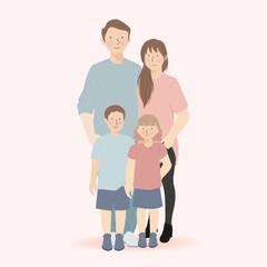 Cute Family Cartoon Character of Father, Mother, Son and Daughter Standing and take a pose together
