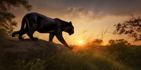 Panther wandering through the steppe with sunset on the background ,full body shot , generative AI