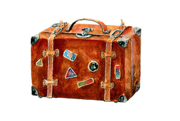 Old leather suitcase with travel stickers. Watercolor illustration, logo. Postcard, print, sticker