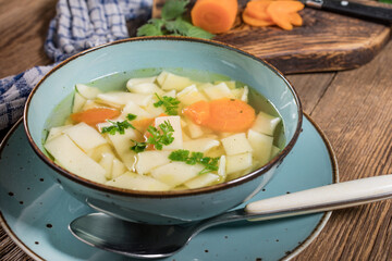 Broth - chicken soup in a bowl.