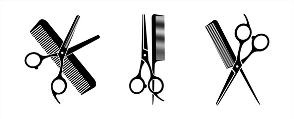 Scissors and hairbrush graphic icon set. Sign crossed scissors and hairbrush isolated on white background. Barbershop symbols. Vector illustration 10 eps. - obrazy, fototapety, plakaty