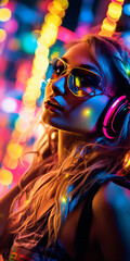 Fototapeta na wymiar modern woman with headphones and glasses on a party with colorful lights