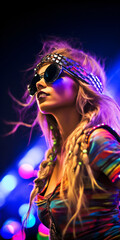 modern woman with headphones and glasses on a party with colorful lights