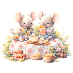 Cute mouse picnic illustration Generative AI, png image