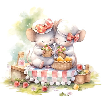 Cute mouse picnic illustration Generative AI, png image