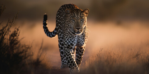 Naklejka na ściany i meble Leopard wandering through the steppe,close-up view blurry background , generative AI