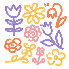 Abstract Bright Childish Flowers Set. Colorful Organic Floral Bold Shapes Creative Print elements. Vector textured Illustration. Trendy Tiny Daisy, rose, bell for Wallpaper, Wrapping Paper, Packaging.