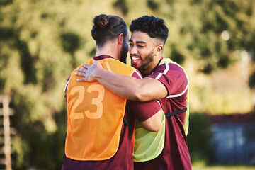 Rugby, sports and team with friends hugging for support, motivation or celebration during training....