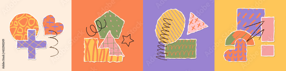 Poster modern torn paper compositions set. trendy paper collage in vibrant color with drawn texure. sticky 