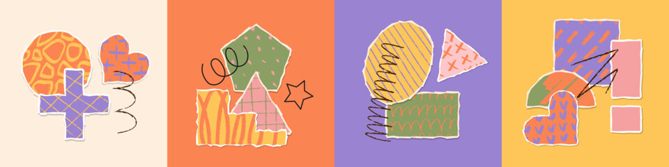 Modern torn paper compositions set. Trendy paper collage in vibrant color with drawn texure. Sticky notes, shreds of notebook pages. Vector illustration. Various colorful shapes, geometric figures.