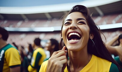 Beautiful football fan girl watching football match in the stadium wearing yellow uniform on backdrop lively soccer stadium. during FIFA World Cup, cheering and laughing in jo, crowd in the background