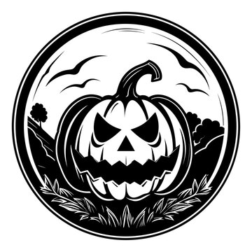 An illustration of a Halloween pumpkin carved with a face on it in a vintage retro woodcut style, isolated on white background, vector illustration.
